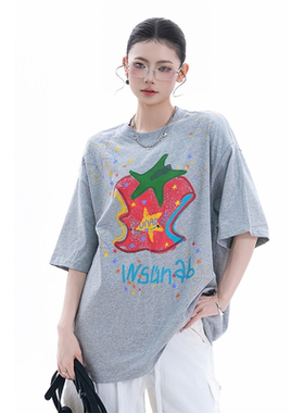 kk soul美式卡通风番茄印花短袖T恤女情侣宽松设计感ins潮酷上衣