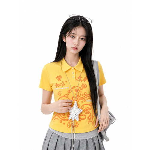 kk soul甜美多巴胺海豚印花polo领短袖T恤韩系涂鸦设计感显瘦上衣