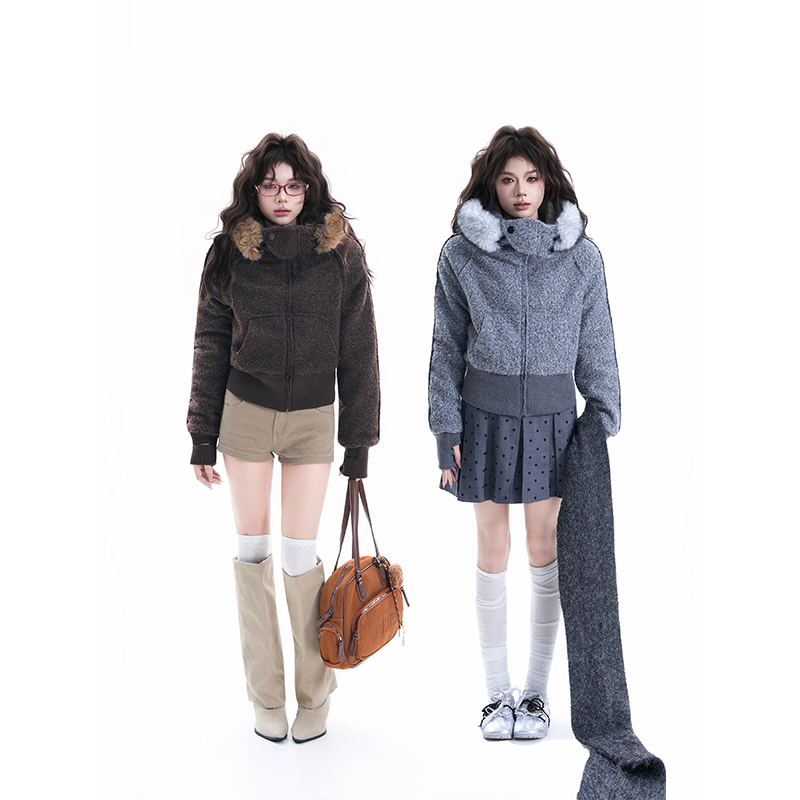 kk soul美式拆卸毛领连帽卫衣女冬季加厚保暖修身显瘦短款外套潮