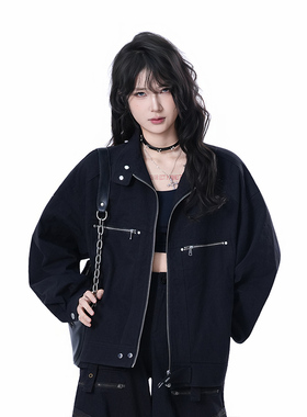 kk soul美式复古黑色痞帅工装夹克设计感小众宽松短款拉链外套潮