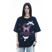 原创设计感休闲百搭短袖 soul甜酷风猫咪蝴蝶猫咪贴布立体半袖