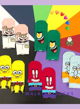 5双装 ins网红韩版可爱卡通海绵宝宝短袜 潮流可爱纯棉百搭袜子女