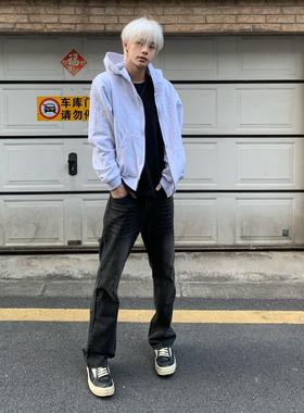 Einsamer Richer黑灰水洗做旧牛仔裤男修身直筒休闲长裤