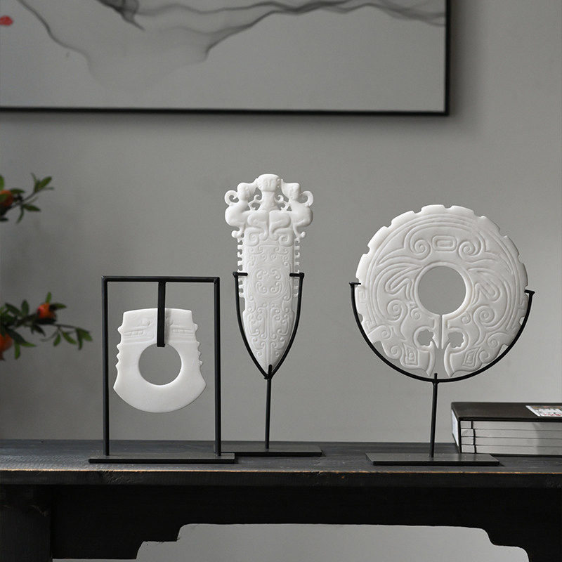 浮雕镂空圆形玉璧祥云纹图案新中式摆件客厅陈列柜玄关软装饰品