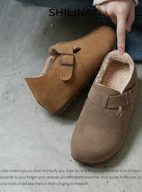 内增高5CM勃肯鞋女加绒2025春季牛皮一脚蹬外穿小个子厚底复古鞋