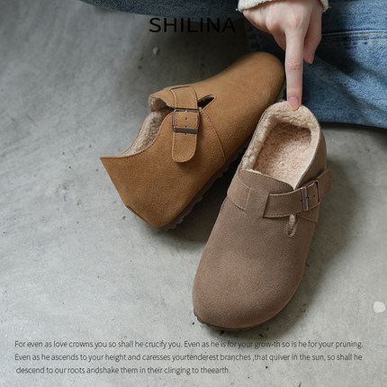 内增高5CM勃肯鞋女加绒2025春季牛皮一脚蹬外穿小个子厚底复古鞋