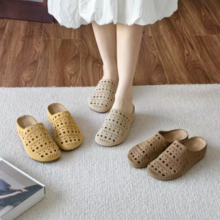 牛皮版镂空雕花包头半拖女软底软面厚底懒人洞洞鞋外穿凉鞋夏季女