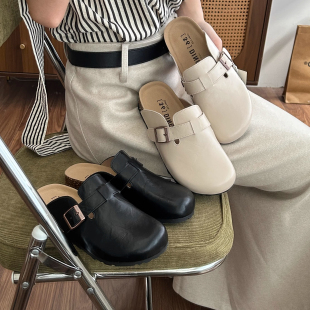 网红同款勃肯鞋女2025夏季新款真皮包头半拖鞋软木底透气防滑耐脏