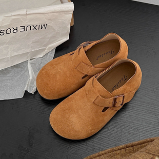 踩屎感~磨砂牛皮勃肯鞋增高5cm真皮女2025秋冬新款百搭奶奶鞋女款