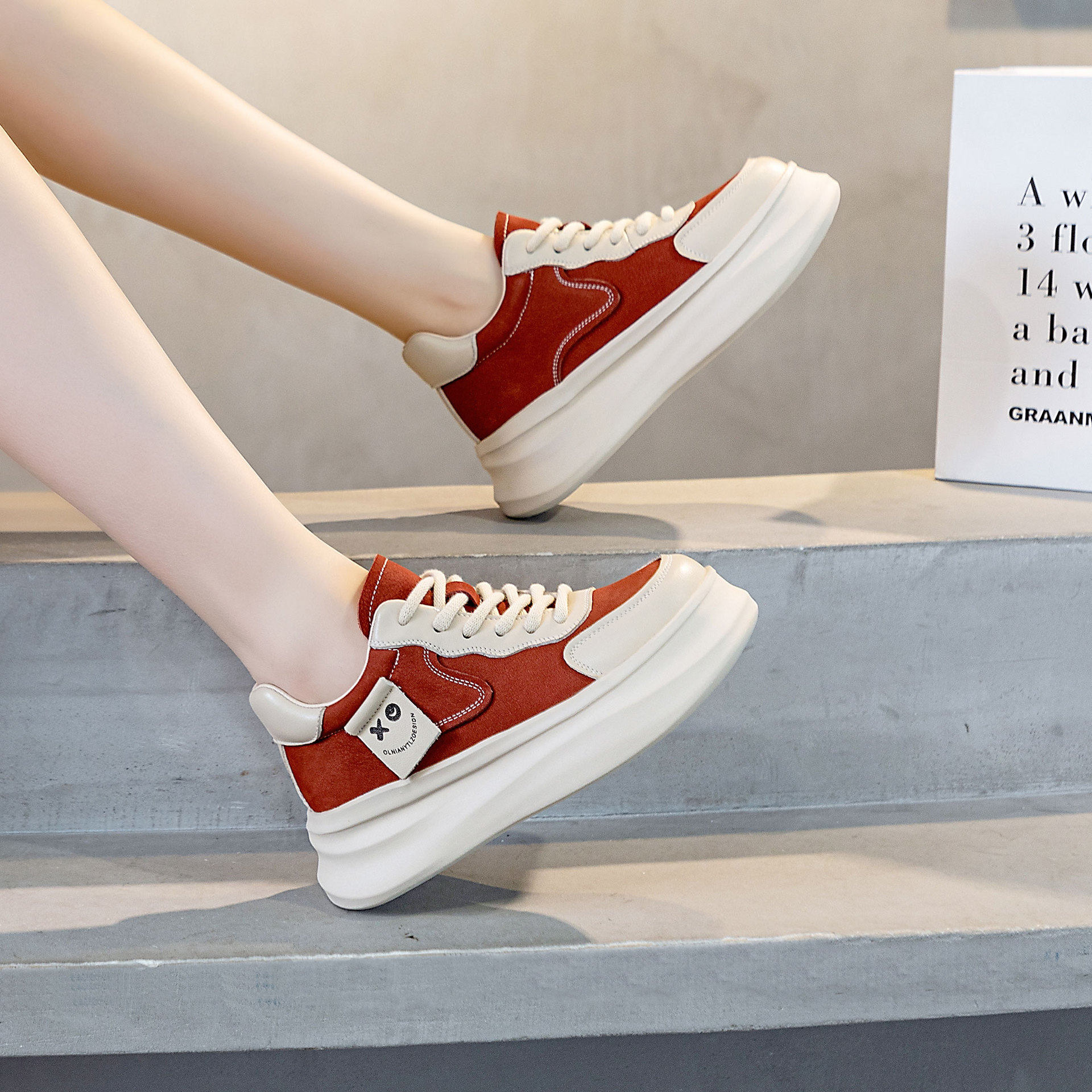 头层牛皮板鞋女厚底中帮休闲单鞋运动休闲鞋