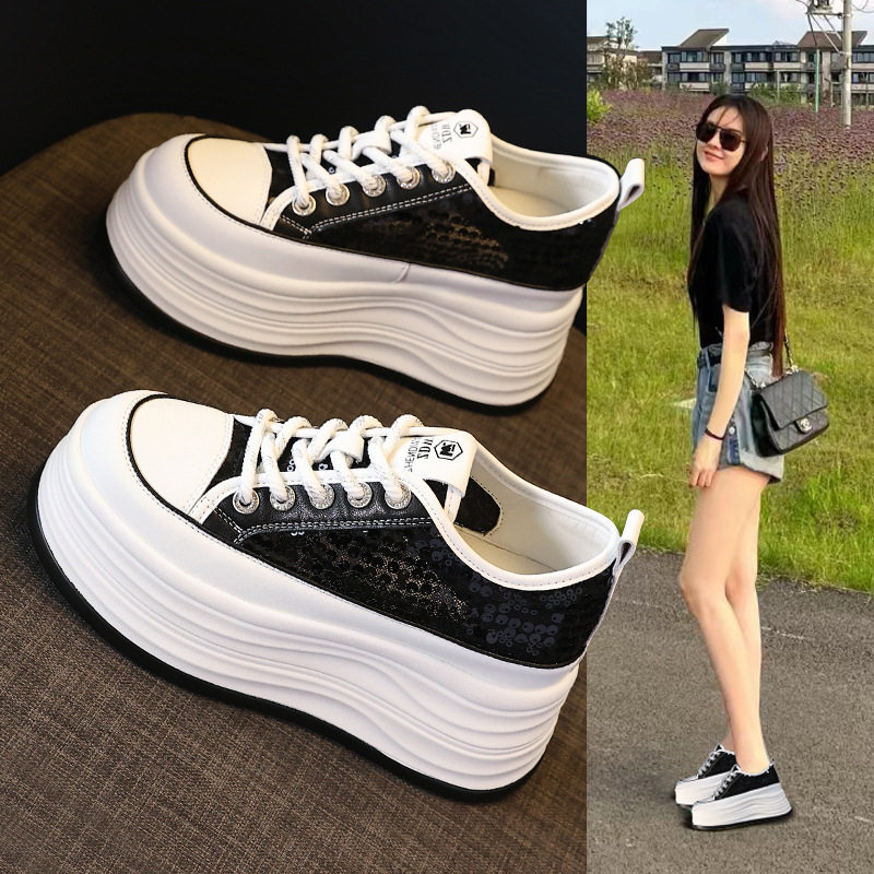 厚底内增高网面透气亮片百搭小白鞋女2025夏季运动