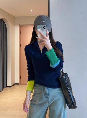 柜上2000+设计感绵羊毛拉链高领针织衫撞色长袖上衣2025秋G082310