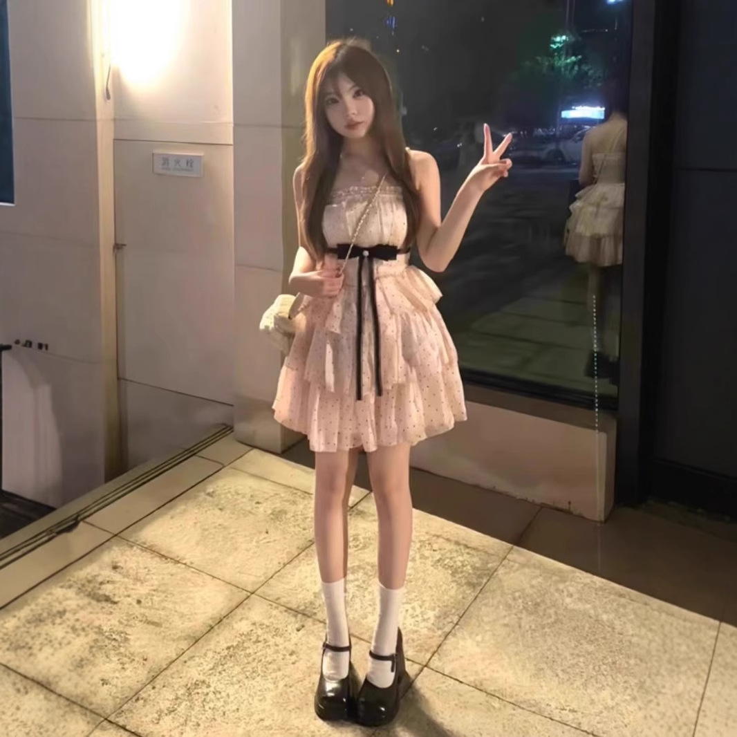 甜辣妹抹胸吊带连衣裙女夏季法式小个子公主蛋糕裙收腰蓬蓬裙子