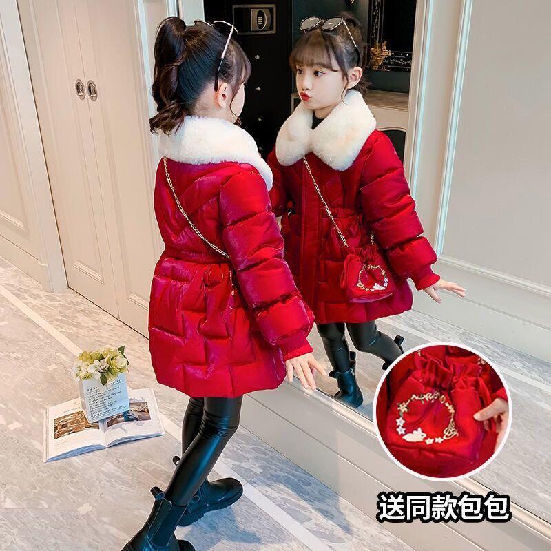 官方英国DHWA新款女童中长款棉服红色韩版羽绒棉衣 加厚保暖女童