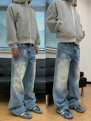 07QWER 春季水洗喷砂马骝湖蓝牛仔裤流行时髦通勤宽松直筒长裤男