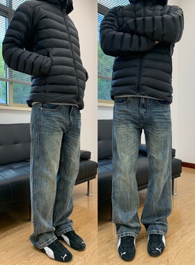 07QWER 秋冬水洗个性竹节纹牛仔裤显瘦直筒男女潮韩版痞帅街头风