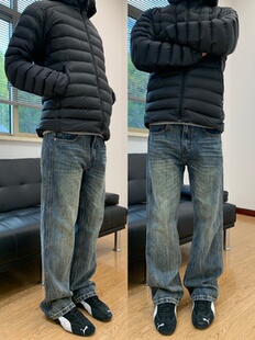 07QWER 秋冬水洗个性竹节纹牛仔裤显瘦直筒男女潮韩版痞帅街头风