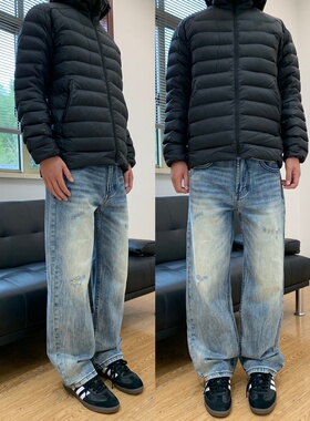 07QWER 秋冬复古水洗做旧牛仔裤男宽松直筒阔腿拖地长裤子通勤女