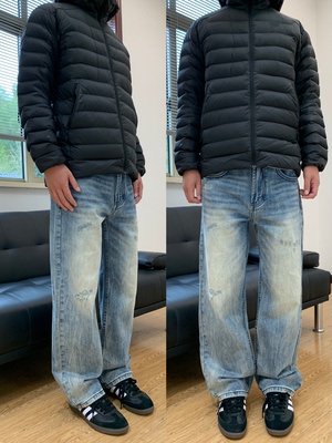 07QWER 秋冬复古水洗做旧牛仔裤男宽松直筒阔腿拖地长裤子通勤女