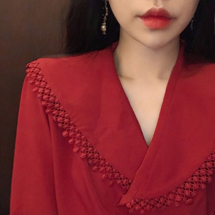 韩国chic春季新款花边大翻领双排扣气质宽松显瘦长袖衬衫女衬衣|msdalam kategori Butik wanita / wanita, shirt - dari Buy2taobao.com untuk memberikan perkhidmatan ejen Taobao profesional membeli