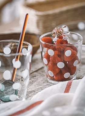 GOING HOME原创白色波点印花耐热透明玻璃水杯冰激凌牛奶咖啡杯子