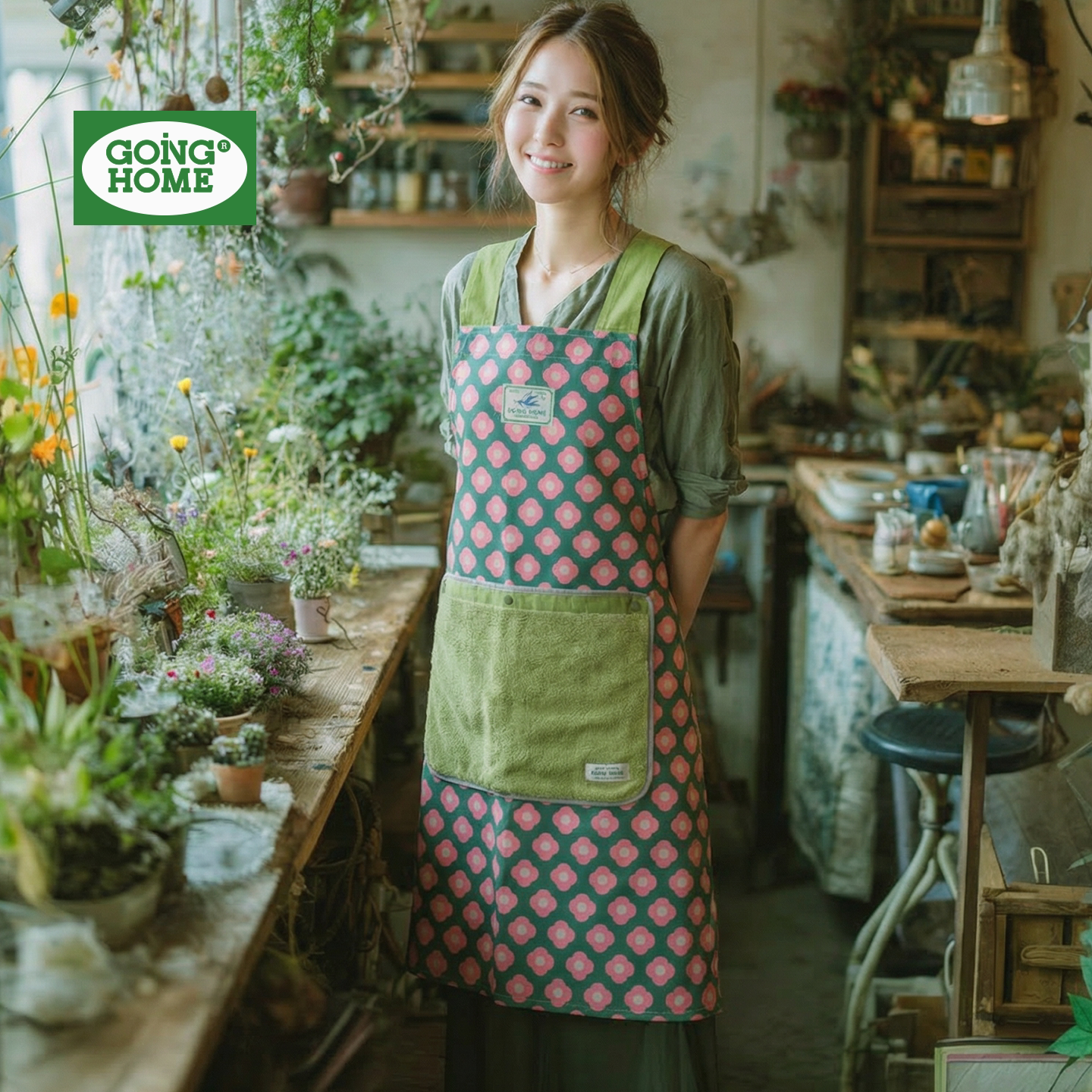 特别洋气好看的围裙工作女上班专用高颜值可擦手花艺免系带防泼水