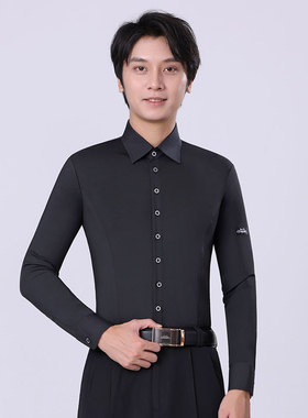 丹宝新款罗男士摩登舞简约修身舞蹈服黑色衬衫华尔兹舞长袖连体衣