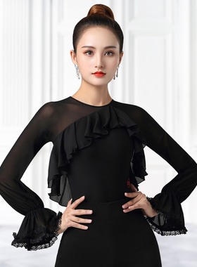 丹宝罗品牌泡泡袖黑色拉丁舞练功服女2022年新款摩登舞网纱连体衣