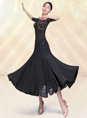 丹宝罗女士摩登舞裙新款黑色中袖蕾丝显瘦V领国标舞大摆连衣舞裙