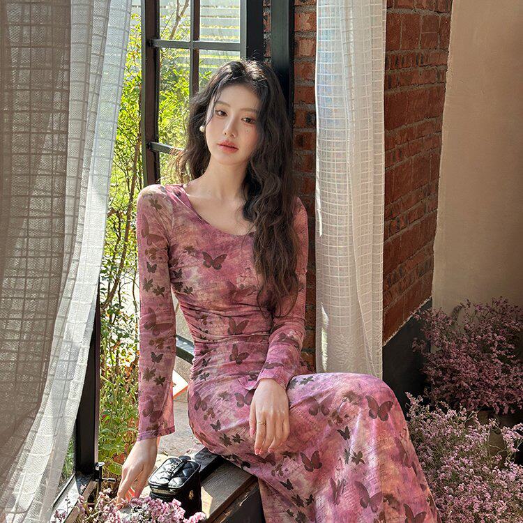 轻奢名媛碎花雪纺鱼尾连衣裙子女装春秋季2025新款长裙高级感修身