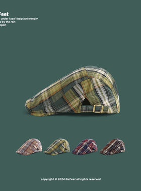 夏季轻薄日系复古格纹绿色前进帽男女反戴英伦画家鸭嘴帽sixfeet