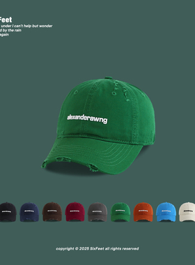 绿色字母鸭舌帽男破洞做旧纯色棒球帽韩版小众百搭显脸小帽子女潮