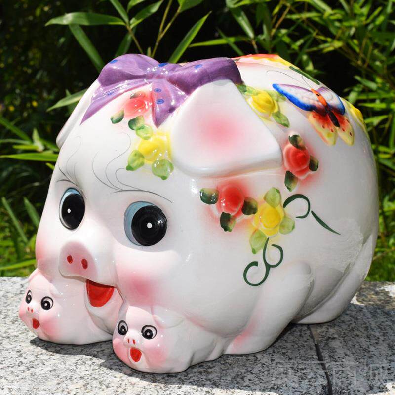 高档超大号蝴蝶结陶瓷小猪存厅钱罐招金储蓄罐财猪猪硬币储钱罐客