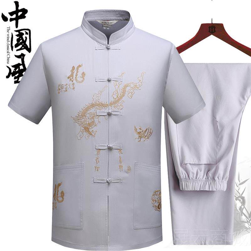 高档唐装老太年人男中装2汉服201春夏季爸爸长袖衬衫套装爷爷极晨