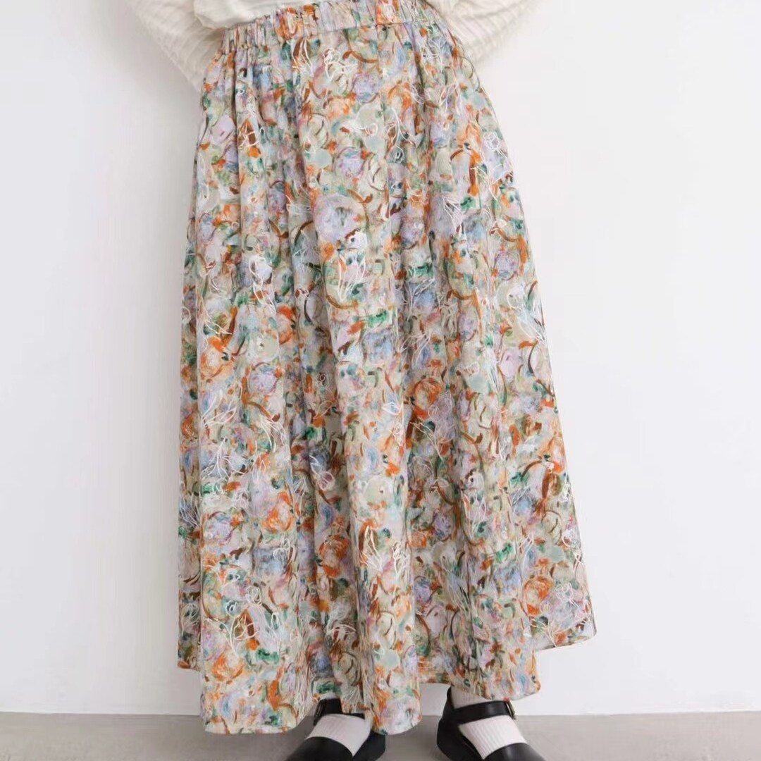 25新品 日系A社松紧袖口 腰部系带 水彩印花半裙