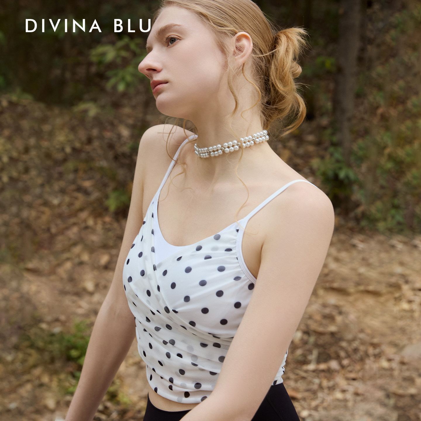 DIVINABLU迪唯纳马赛圆点复古褶皱瑜伽背心运动时尚健身上衣S141