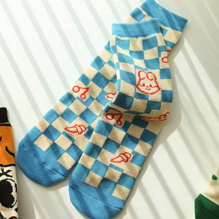 暖呼呼的保暖//蓝色棋盘兔子小熊全毛圈加厚卡通甜美冬天堆堆袜子