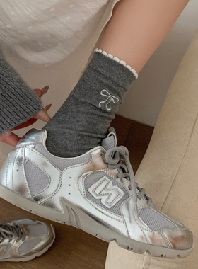 miu灰色花边蝴蝶结袜子女春秋纯棉中筒袜韩系少女显瘦ins潮堆堆袜