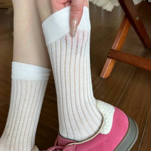 miu走秀款超薄白色袜子女中筒袜夏季网红棉竖条堆堆袜透气小腿袜