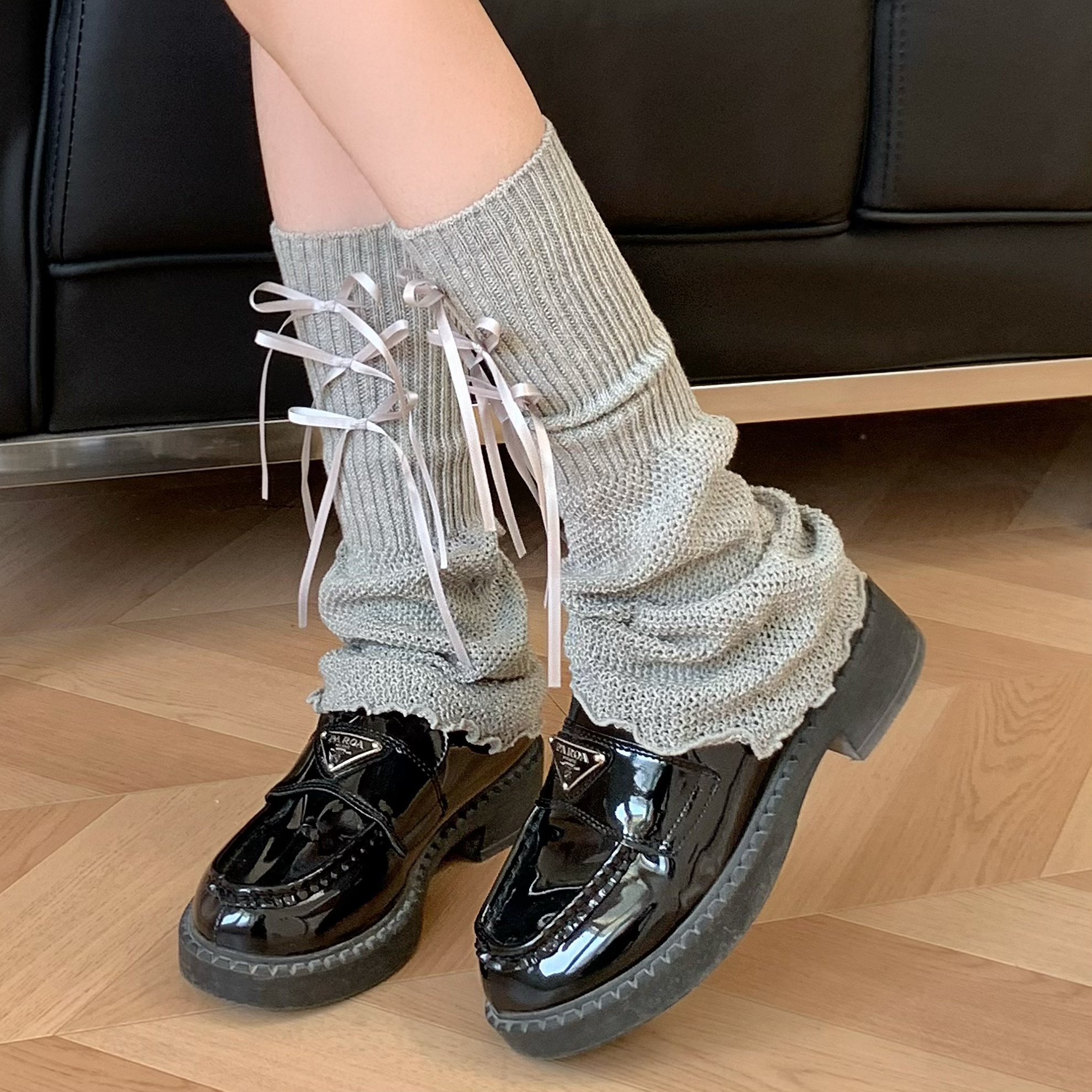 灰色袜套夏季薄款蝴蝶结纯棉腿套