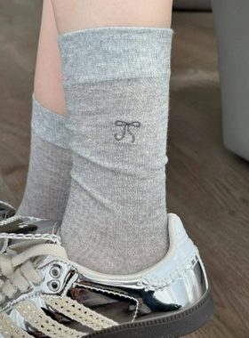 miu灰色袜子女中筒袜纯棉夏季薄款镂空芭蕾风刺绣蝴蝶结堆堆长袜