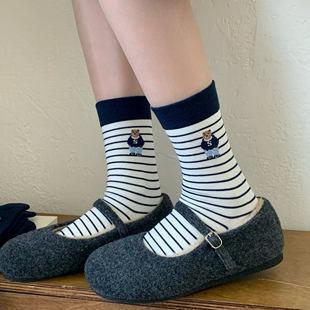 条纹小熊袜子女春秋款 25年中筒袜韩系ins学院风灰色澳棉堆堆长袜