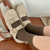 miu棕咖色竖条纹袜子女秋冬纯棉无骨堆堆袜微压韩系灰色中筒袜ins