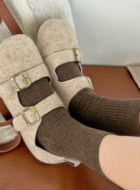 miu棕咖色竖条纹袜子女秋冬纯棉无骨堆堆袜微压韩系灰色中筒袜ins