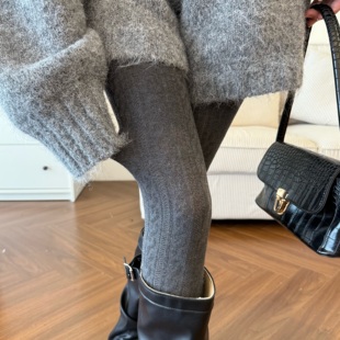 miu灰色麻花竖纹打底裤春秋外穿高弹不掉档打底袜纯色棉质连裤袜