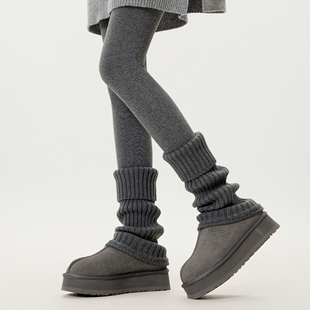 灰色羊毛翻边针织袜套女秋冬加厚保暖y2k腿套配雪地靴堆堆小腿袜