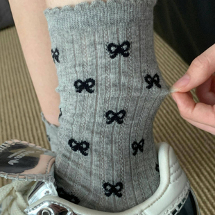 中筒芭蕾风纯棉薄款 miu系气质灰色蝴蝶结袜子女夏季 jk甜美堆堆袜
