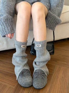 灰色布标针织袜套女秋冬保暖辣妹羊毛堆堆袜叠穿微喇开叉腿套靴袜