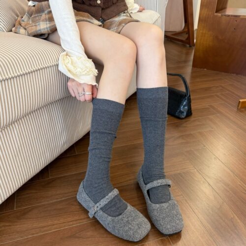灰色袜子女细条竖纹小腿袜纯纯棉