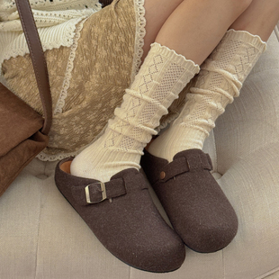 miu米色堆堆袜子女春秋纯棉芭蕾风白色木耳边小腿袜配短靴袜中筒